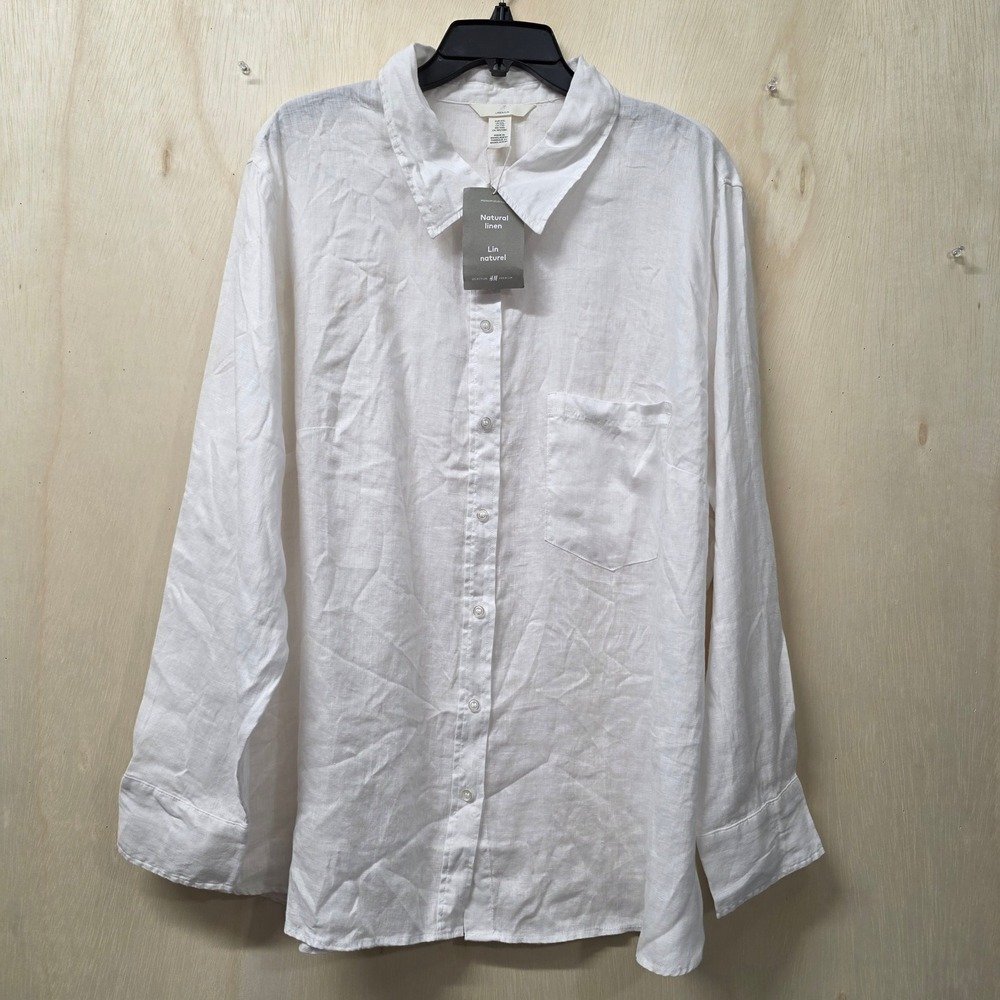 H&M Premium Selection 100% Linen Womens White Button Down Shirt XXL NWT